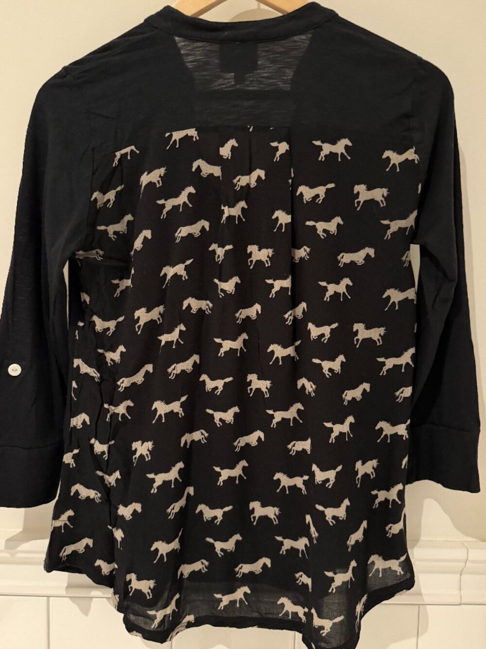 Porridge Black Horse Print Mixed Media Roll Tab Blouse XS